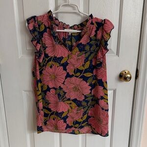 Fever Pink and Green Floral Blouse with ruffled sleeves and v neck